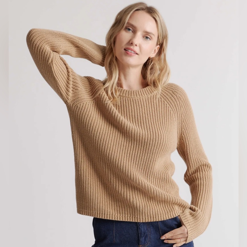 NWT Quince Camel 100% Organic Cotton Fisherman Crew Sweater size Medium